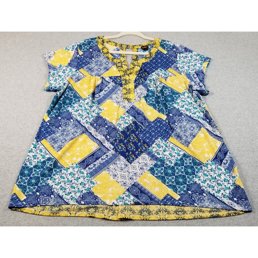 Lee Blouse Women's 1X Plus Blue Yellow Floral Boho Patchwork Print Peasant Top